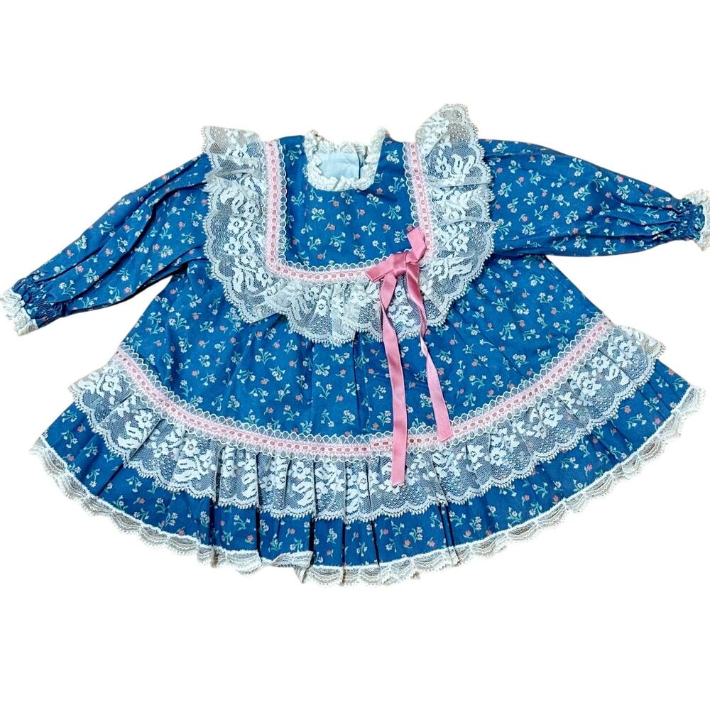Vintage Bryan Circle Dress Girl Baby 3-6 Mo Country Blue Floral Lace Collar USA